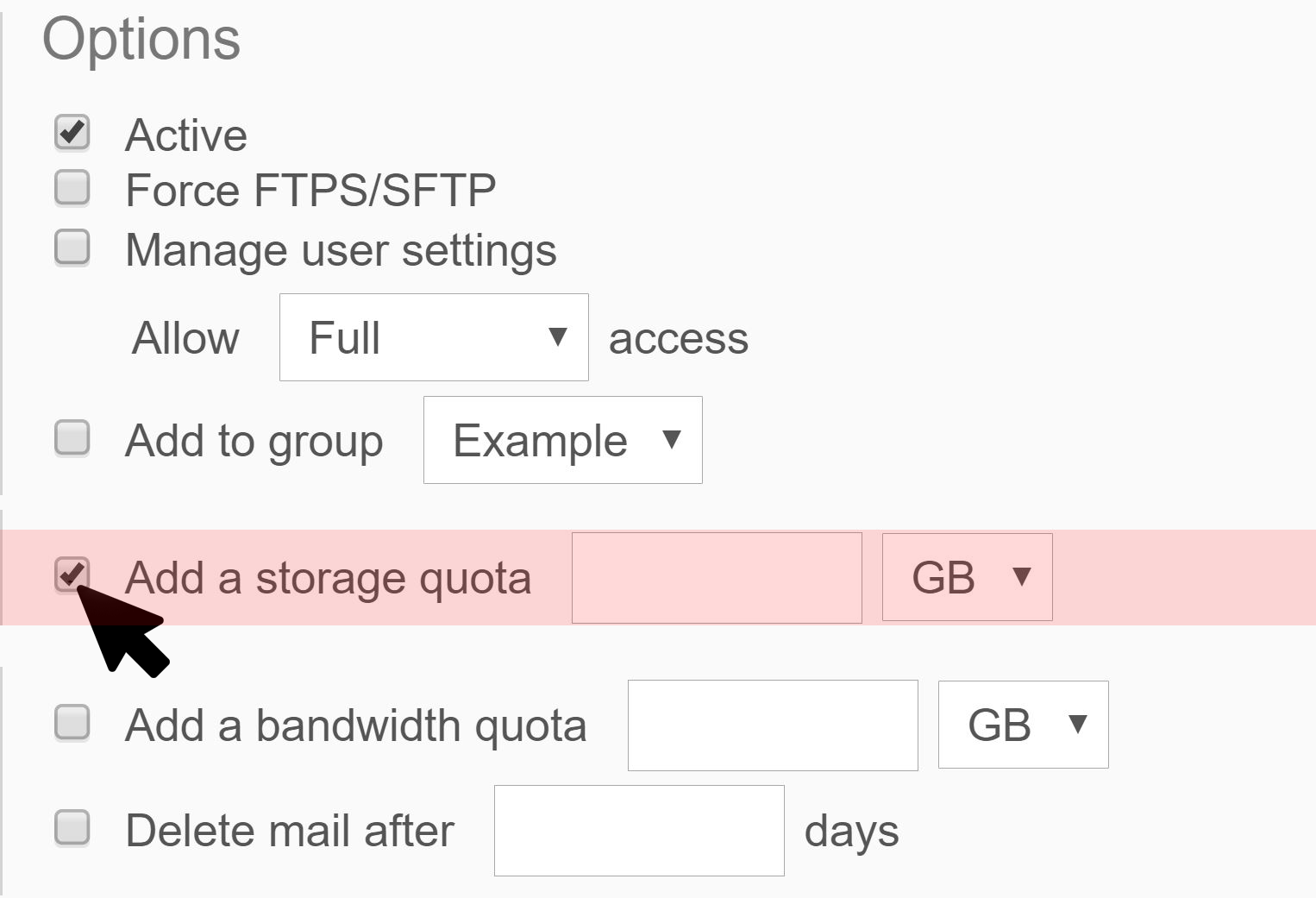 setting 0gb storage quota