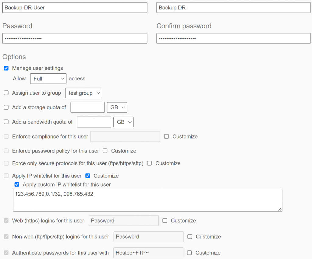 creating a backup user with IP whitelisting